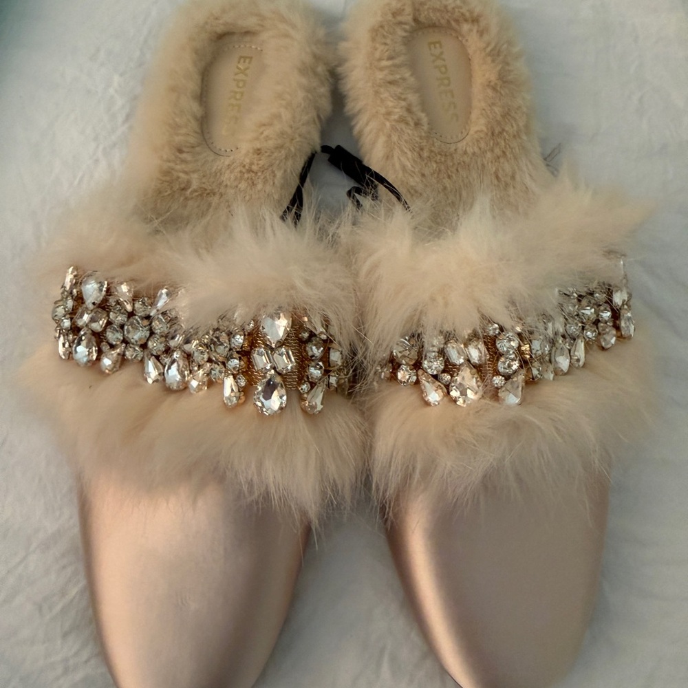 Express Women's Tan Fur Crystal Mules